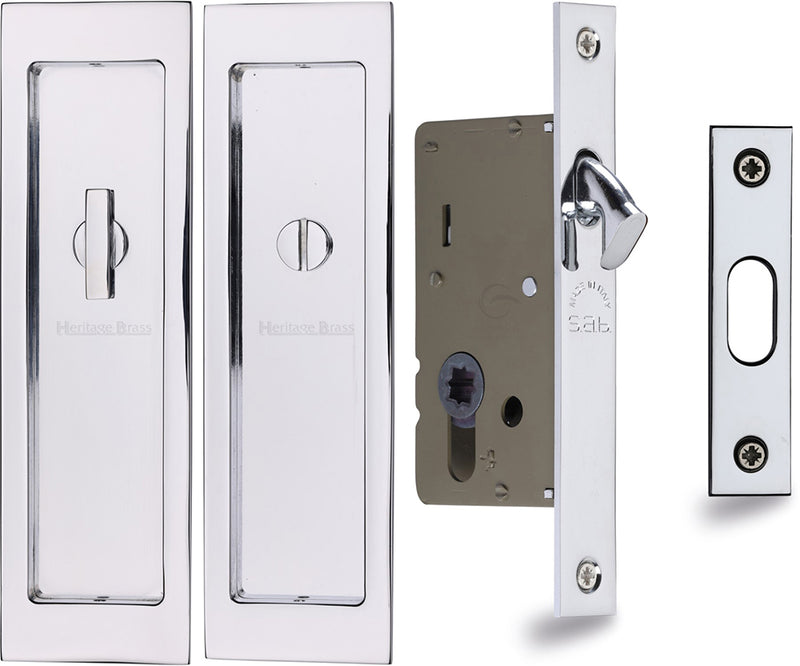 Rectangular Turn & Release Hook Lock For Sliding Pocket Doors - 197mm x 57mm - Polished Chrome