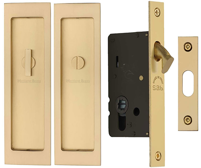 Rectangular Turn & Release Hook Lock For Sliding Pocket Doors - 197mm x 57mm - Satin Brass