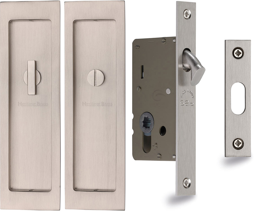 Rectangular Turn & Release Hook Lock For Sliding Pocket Doors - 197mm x 57mm - Satin Nickel
