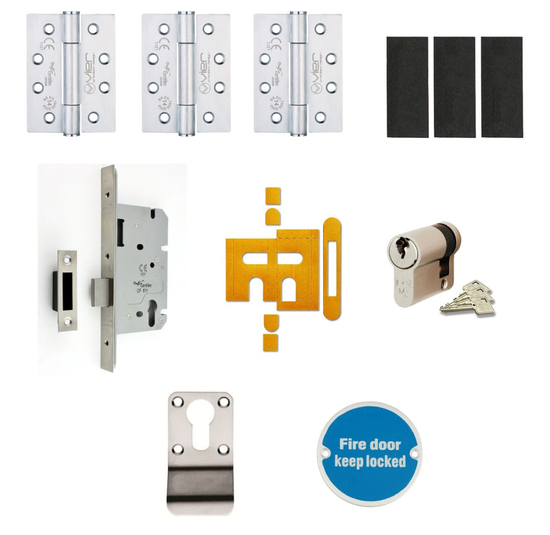Single Locking Cupboard Door - Ironmongery Kit - Suitable For FD30 & FD60 Fire Doors - Satin Stainless Steel Ironmongery