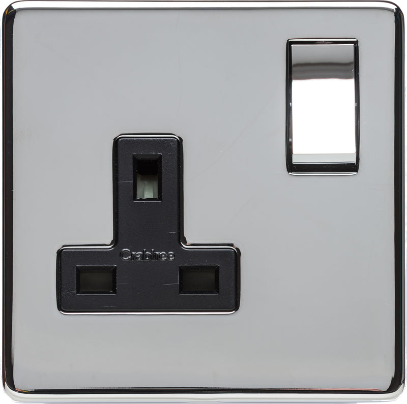 Single Plug Socket - Studio Concealed Fix Plate Light Switch & Socket Range - Flat Screwless Plate With Rounded Edges - Polished Chrome