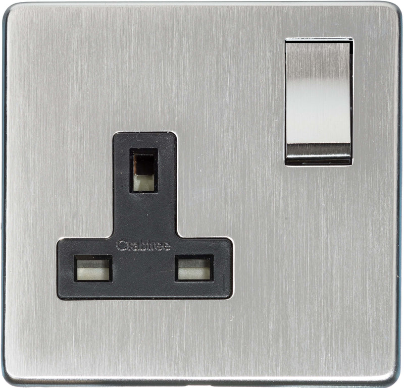 Single Socket - Studio Concealed Fix Plate Light Switch & Socket Range - Flat Screwless Plate With Rounded Edges - Satin Chrome
