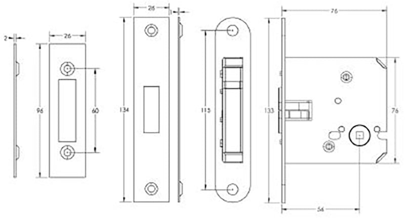 Sliding Door - Bathroom Claw Lock - 76mm Case Depth - Diagram