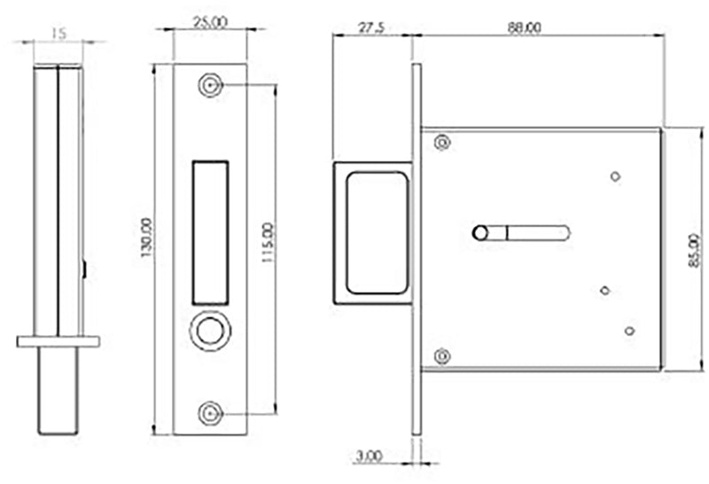 Pocket Door Pop Out Edge Pull - Spring Loaded - 88mm Case Depth - Diagram