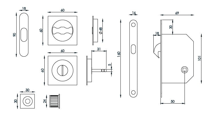 Square Flush Fitting Bathroom Turn And Release Set With Hook Lock For Sliding Doors Dimensions