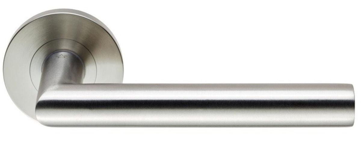 Straight Mitred Design Round Rose Lever Handles - Heavy Duty Grade 4 - Tested For Use With FD30 / FD60 - Satin Stainless Steel