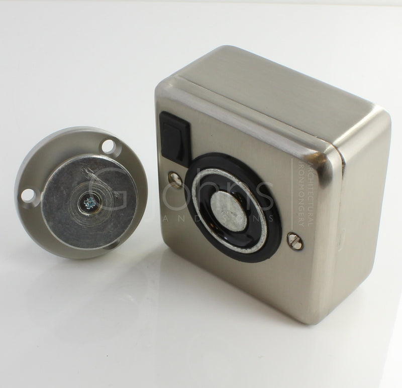 Surface Mounted Electro-Magnetic Fire Door Holder - 24v DC - With Manual On / Off Switch - Supplied With Armature Plate - Satin Nickel Finish