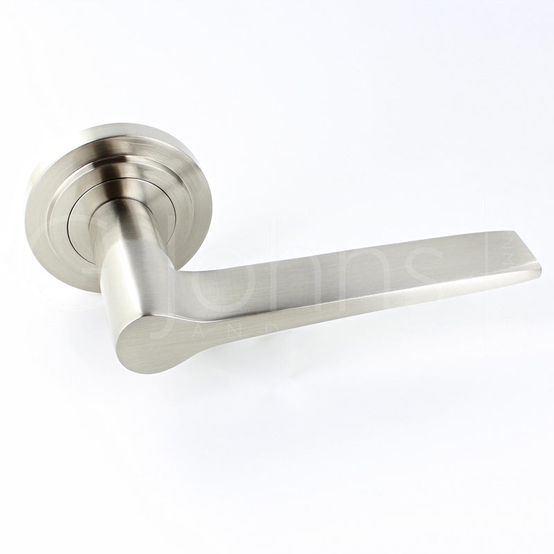tapered-pattern-lever-handles-with-stepped-round-rose-satin-nickel