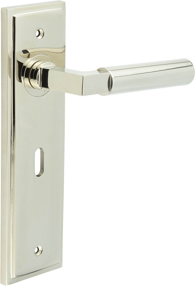 Tubular Pattern Lever Handle On A Large Rectangular Backplate - Polished Nickel