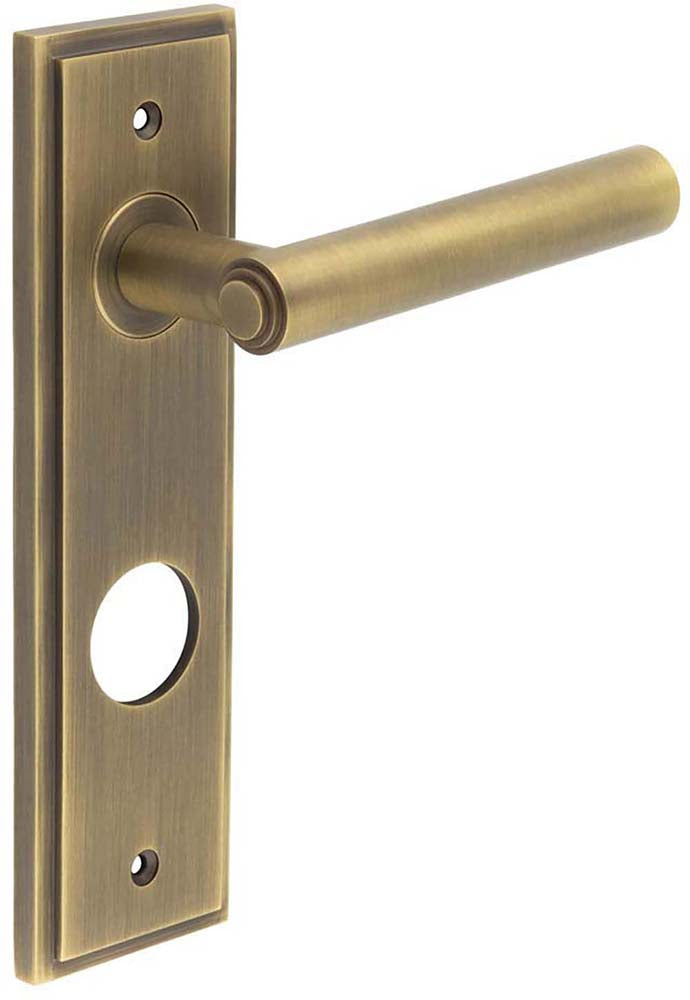 Tubular Pattern Lever Handle With Stepped Ends On A Large Rectangular Backplate - Antique Brass