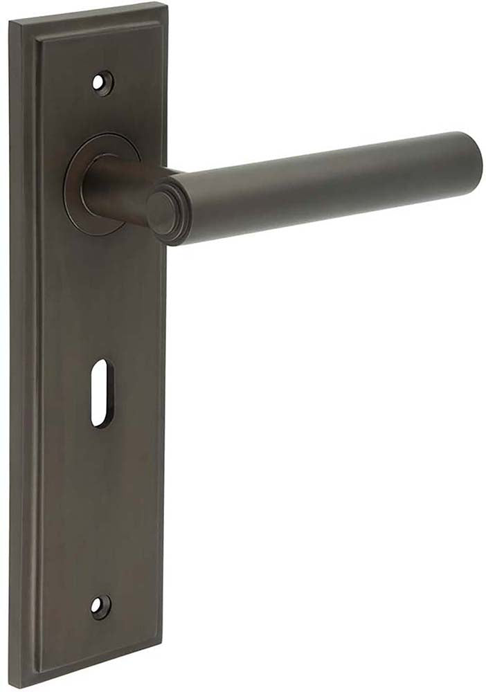 Tubular Pattern Lever Handle With Stepped Ends On A Large Rectangular Backplate - Dark Bronze