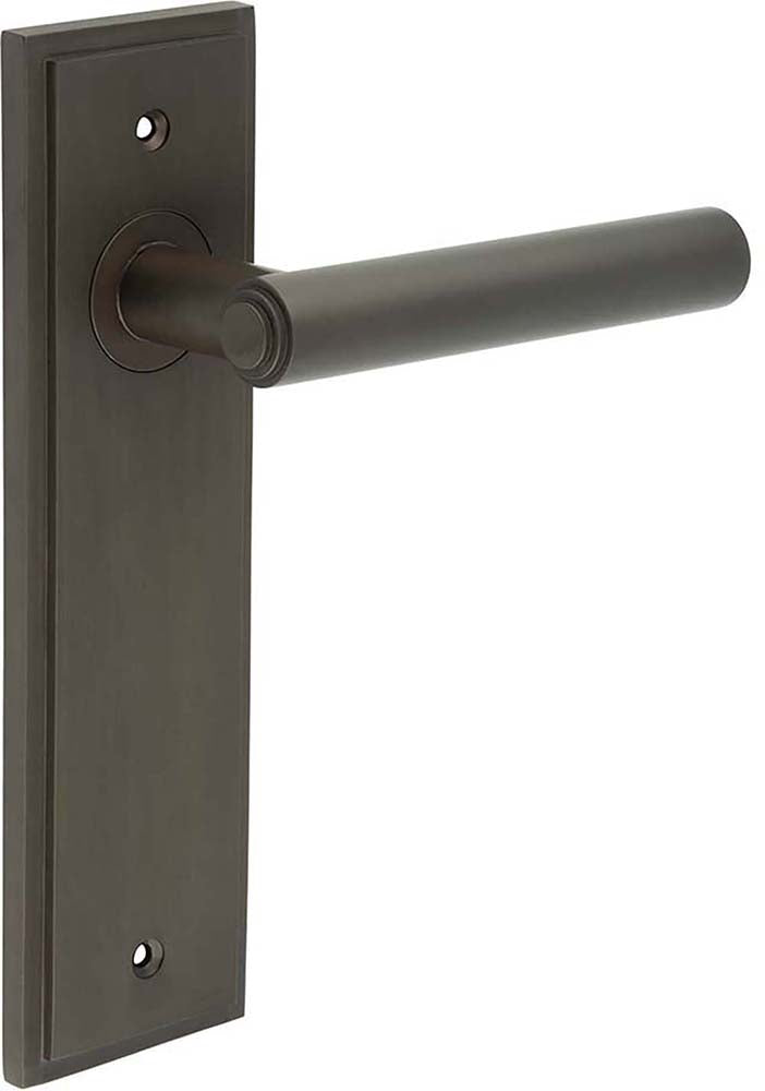 Tubular Pattern Lever Handle With Stepped Ends On A Large Rectangular Backplate - Dark Bronze