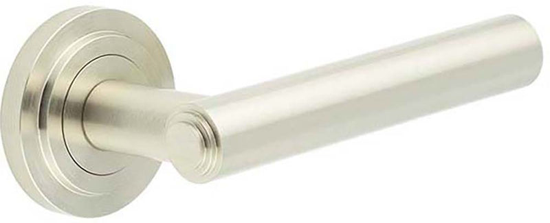 Tubular Pattern Lever Handles With Stepped Ends On Stepped Round Rose - Suitable For Use With FD30 / FD60 Fire Doors - Satin Nickel