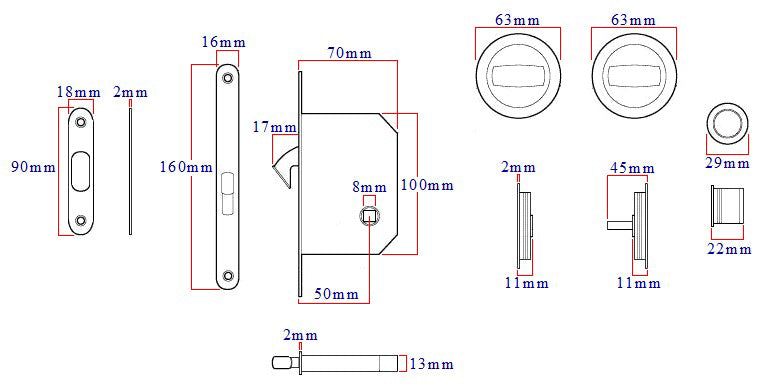 Circular Turn & Turn Hook Lock For Sliding Pocket Doors - Diagram