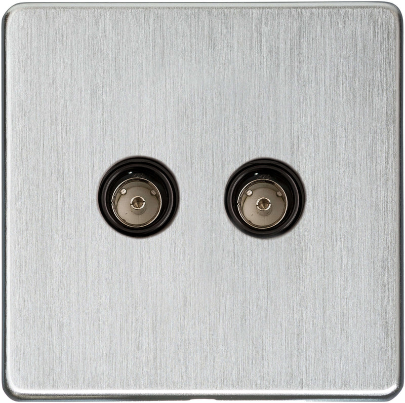 Twin TV And Coaxial Socket - Studio Concealed Fix Plate Light Switch & Socket Range - Flat Screwless Plate With Rounded Edges - Satin Chrome
