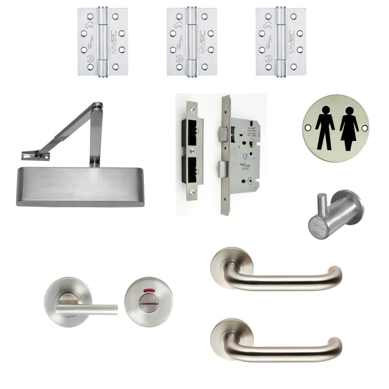Unisex WC Toilet Door - Turn & Release Locking - Ironmongery Kit - For Non Fire Rated Doors - Satin Stainless Steel Ironmongery