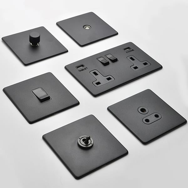 Vintage Concealed Fix Plate Light Switch & Socket Range - Flat Screwless Plate With Rounded Edges - Matt Black