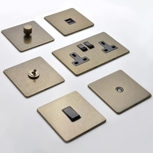 Vintage Concealed Fix Plate Light Switch & Socket Range - Flat Screwless Plate With Rounded Edges - Rustic Brass