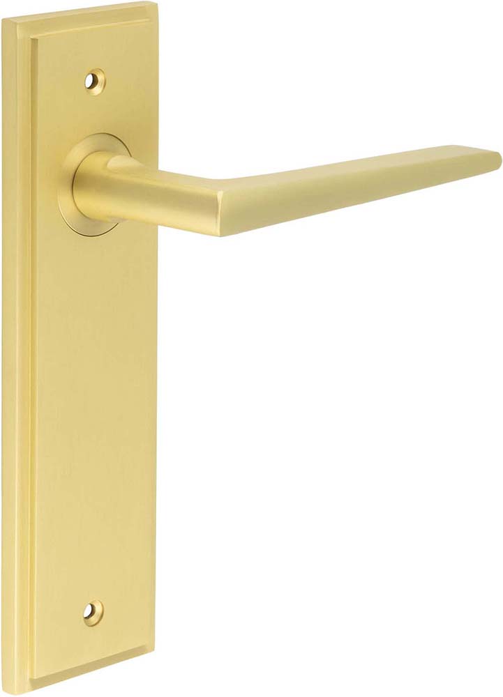Wedge Pattern Lever Handle On A Large Rectangular Backplate - Satin Brass