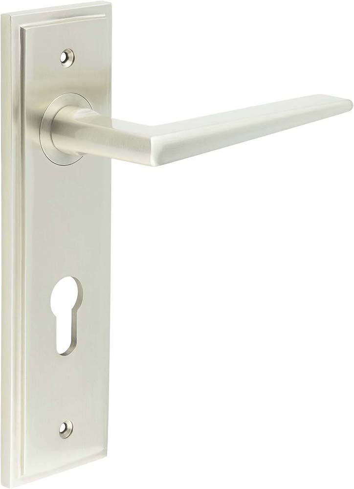 Wedge Pattern Lever Handle On A Large Rectangular Backplate - Satin Nickel