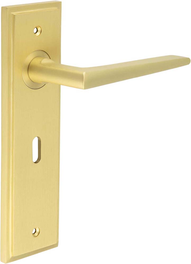 Wedge Pattern Lever Handle On A Large Rectangular Backplate - Satin Brass