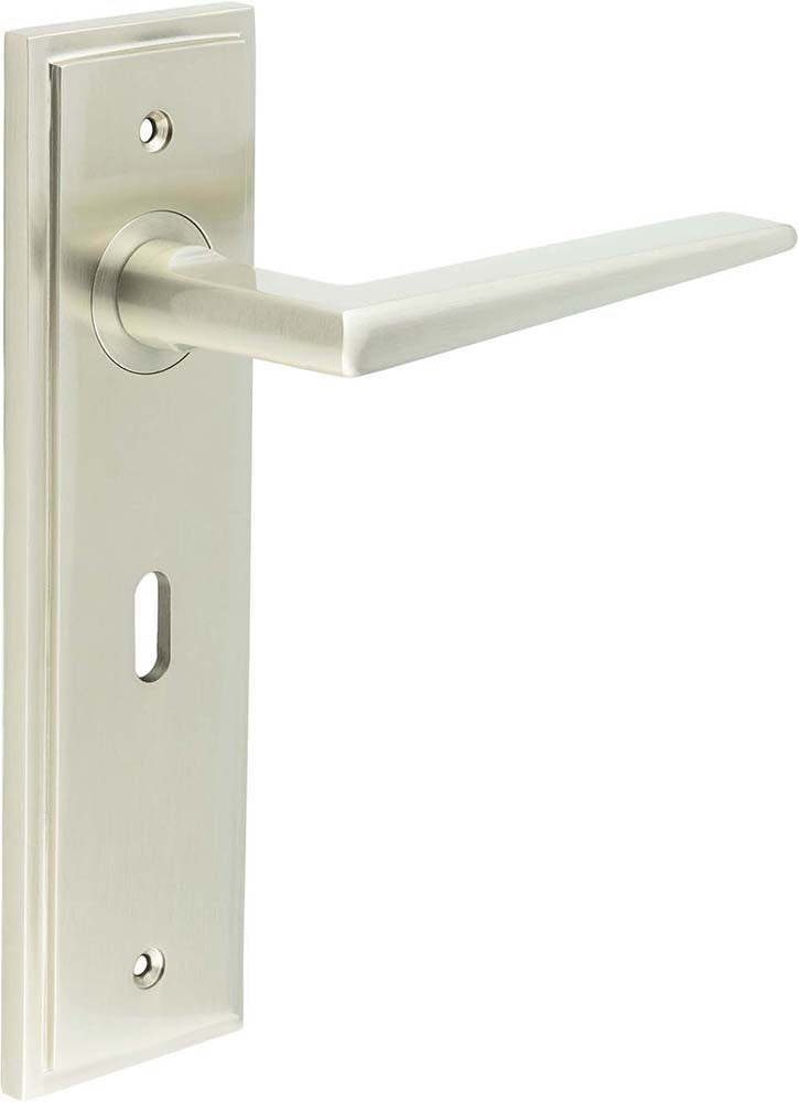 Wedge Pattern Lever Handle On A Large Rectangular Backplate - Satin Nickel