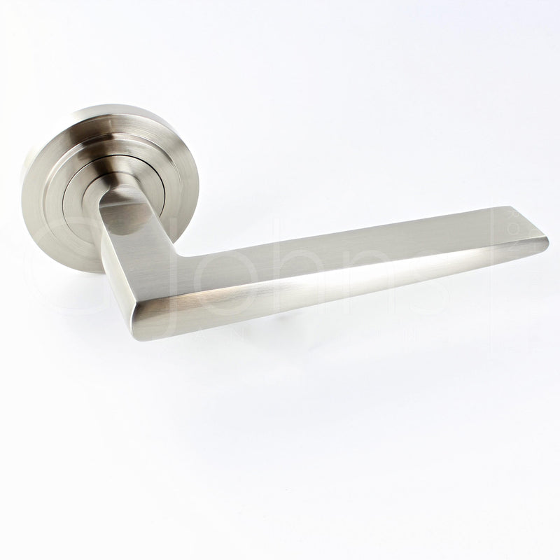 wedge-pattern-lever-handles-with-stepped-round-rose-satin-nickel