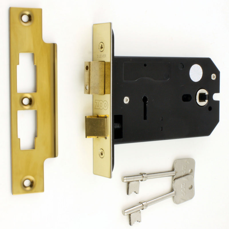 3 Lever Horizontal Mortice Sash Lock - For Use With Door Knobs - 127mm or 152mm Deep Case - PVD Brass