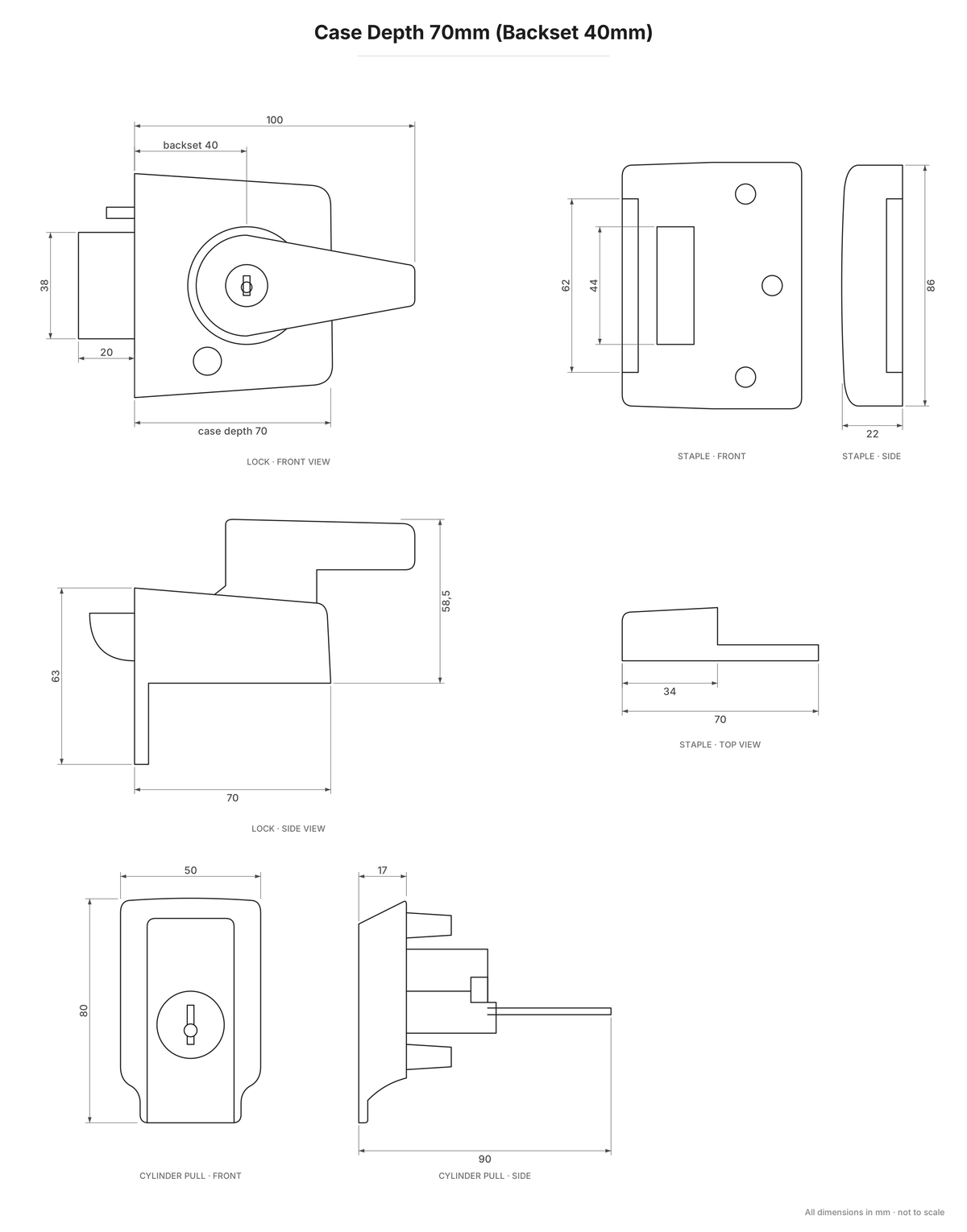 ERA BS3621 Night Latch dimensions - Case Depth 70mm (Backset 40mm)