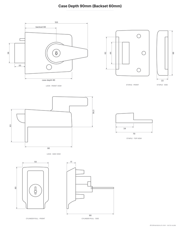 ERA BS3621 Night Latch dimensions - Case Depth 90mm (Backset 60mm)
