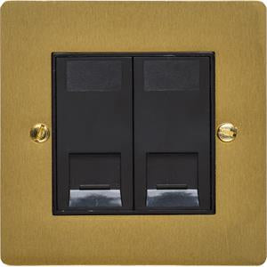 2 Gang RJ45 Data Socket - Flat Plate With Rounded Corners - Satin Brass