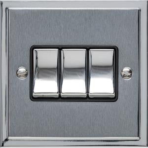 3 Gang Light Switch - Elite Stepped Pattern Plate - Flat Plate With Square Edges - Dual Finish Satin Chrome & Polished Chrome