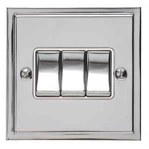 3 Gang Light Switch - Elite Stepped Pattern Plate - Flat Plate With Square Edges - Polished Chrome