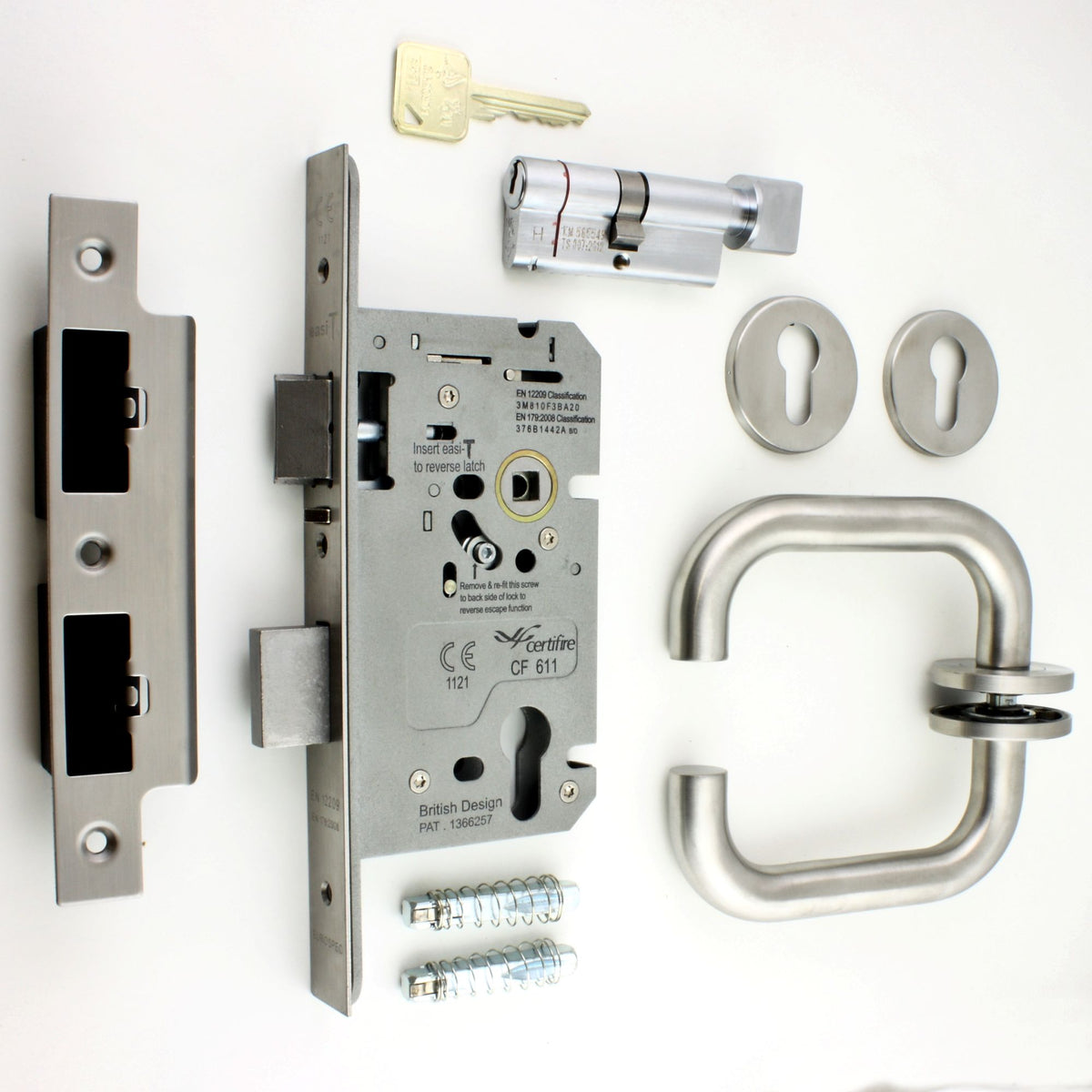 Emergency Escape DIN Sash Lock Kit - BS EN 179 Approved - Satin Stainless Steel
