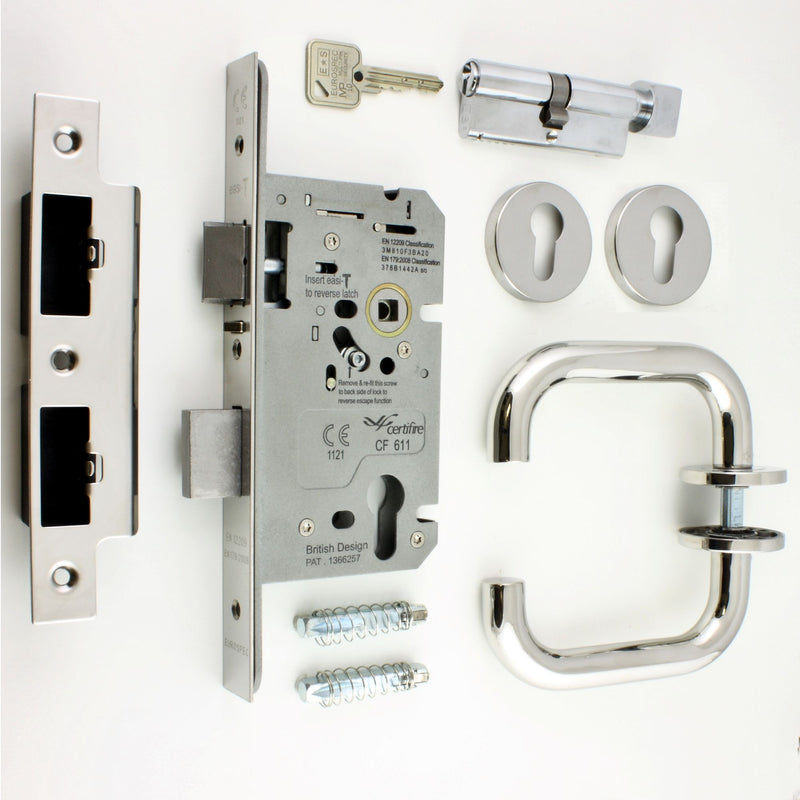 Emergency Escape DIN Sash Lock Kit - BS EN 179 Approved - Polished Stainless Steel (Shiny Finish)
