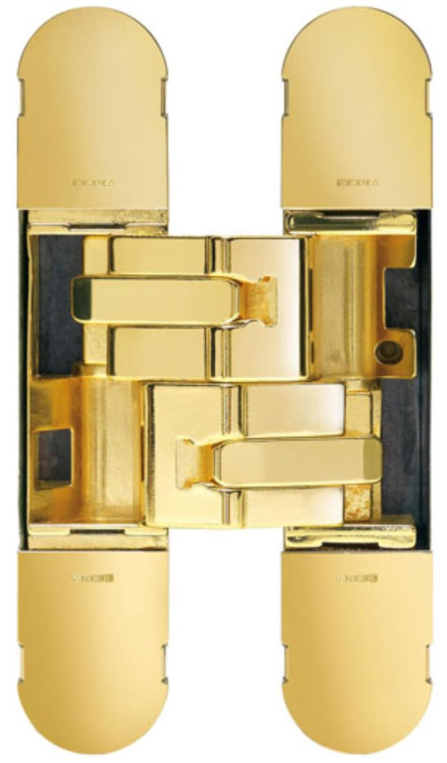 Concealed Adjustable Hinge For Invisible Doors - 134mm x 24mm - Polished Brass Plated