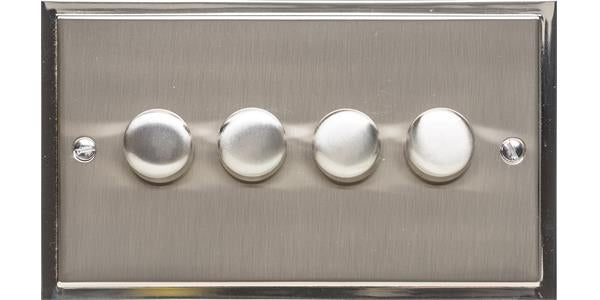4 Gang Dimmer Switch - Elite Stepped Pattern Plate - Flat Plate With Square Edges - Dual Finish Satin Nickel & Polished Nickel