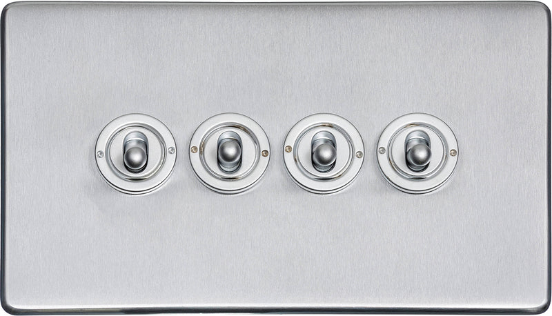 4 Gang Dolly Light Switch - Studio Concealed Fix Plate Light Switch & Socket Range - Flat Screwless Plate With Rounded Edges - Satin Chrome