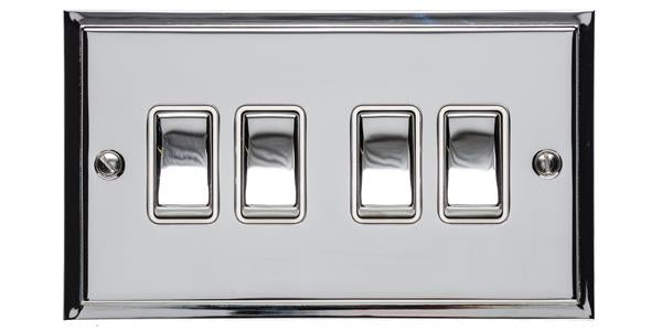 4 Gang Light Switch - Elite Stepped Pattern Plate - Flat Plate With Square Edges - Polished Chrome