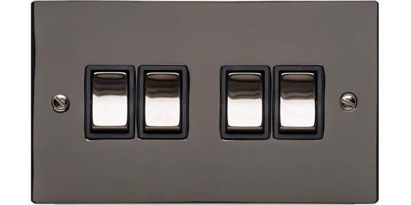 4 Gang Light Switch - Elite Flat Plate Design - Flat Plate With Rounded Corners - Black Nickel