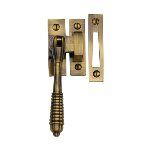 Reeded Design Mortice & Hook Plate Casement Fastener - Suitable For Weather Stripped Windows - Overall Height 130mm - Antique Brass (Gloss Lacquered)