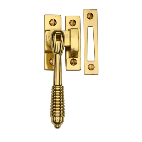 Reeded Design Mortice & Hook Plate Casement Fastener - Suitable For Weather Stripped Windows - Overall Height 130mm - Polished Brass (Lacquered)