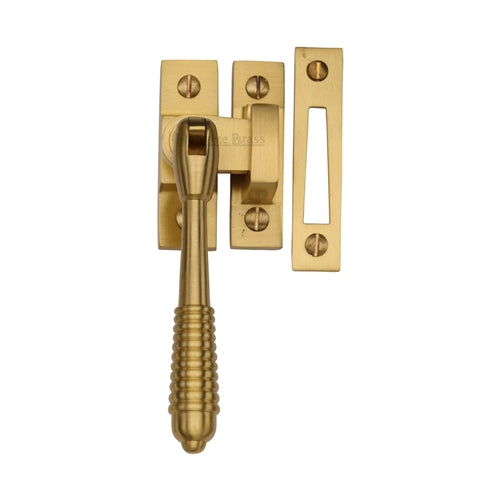 Reeded Design Mortice & Hook Plate Casement Fastener - Suitable For Weather Stripped Windows - Overall Height 130mm - Satin Brass (Lacquered)