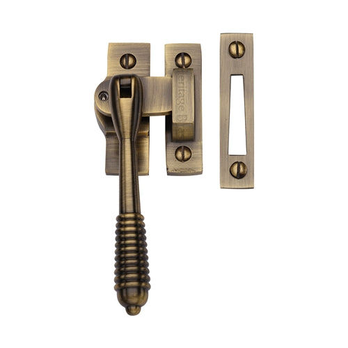 Reeded Design Mortice & Hook Plate Casement Fastener - Locking - Suitable For Weather Stripped Windows - Overall Height 130mm - Antique Brass (Gloss Lacquered)