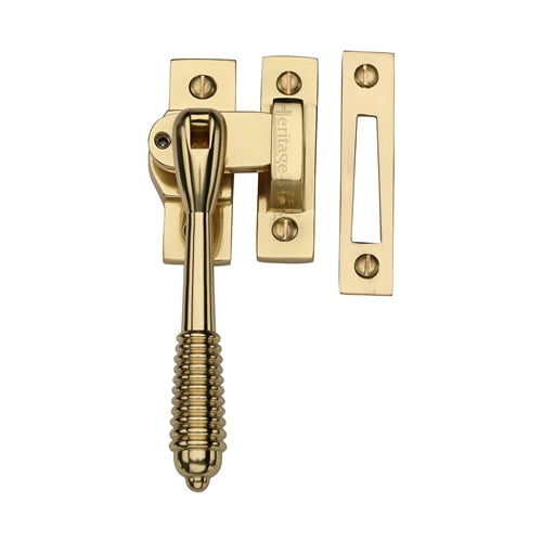 Reeded Design Mortice & Hook Plate Casement Fastener - Locking - Suitable For Weather Stripped Windows - Overall Height 130mm - Polished Brass (Lacquered)