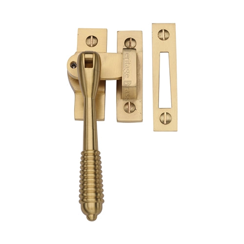 Reeded Design Mortice & Hook Plate Casement Fastener - Locking - Suitable For Weather Stripped Windows - Overall Height 130mm - Satin Brass (Lacquered)