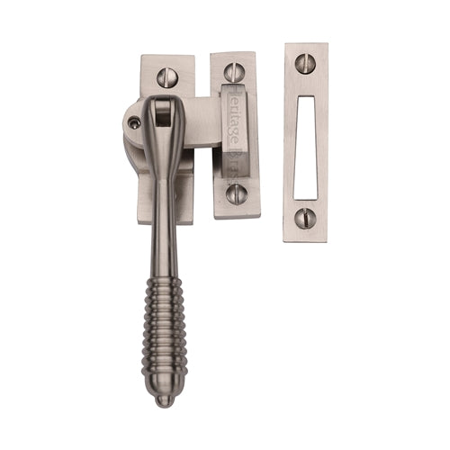 Reeded Design Mortice & Hook Plate Casement Fastener - Locking - Suitable For Weather Stripped Windows - Overall Height 130mm - Satin Nickel