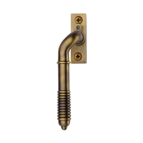 Reeded Design Cranked Locking Espagnolette Handle - Window Fastener - Left & Right Hand - Overall Height 135mm - Antique Brass (Gloss Lacquered)