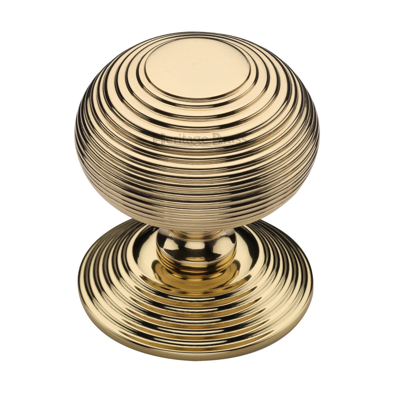 50843.1 - Reeded Centre Front Door Knob - 76mm Diameter - Polished Brass (Lacquered) - Each