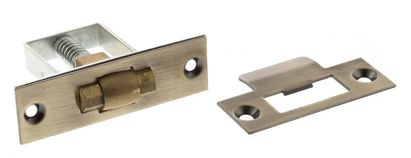 50880.1 - Adjustable Architectural Heavy Duty Roller Catch - 50mm x 33mm Body (76mm x 22mm Faceplate) - Antique Brass (Gloss Lacquered) With Brass Wheel - Each